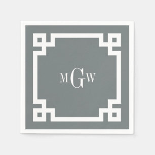 Charcoal Wht Greek Key #2 Framed 3 Init Monogram Napkin