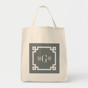 Charcoal Wht Greek Key #2 Framed 3 Init Monogram Tote Bag