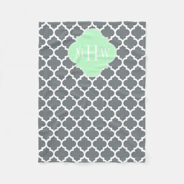 Charcoal, Wht Moroccan #5 Mint 3 Initial Monogram Fleece Blanket (Front)