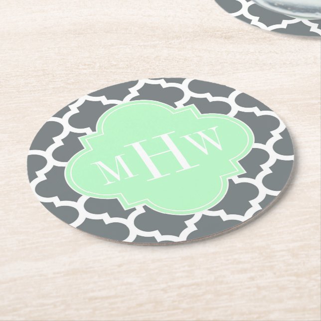 Charcoal, Wht Moroccan #5 Mint 3 Initial Monogram Round Paper Coaster (Angled)