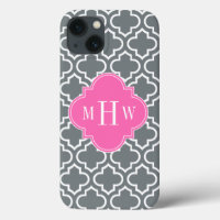 Charcoal Wht Moroccan #6 Hot Pink 3 Init Monogram