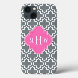 Charcoal Wht Moroccan #6 Hot Pink 3 Init Monogram iPhone 13 Case