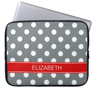 Charcoal Wht Polka Dots #2 Red Name Monogram Laptop Sleeve