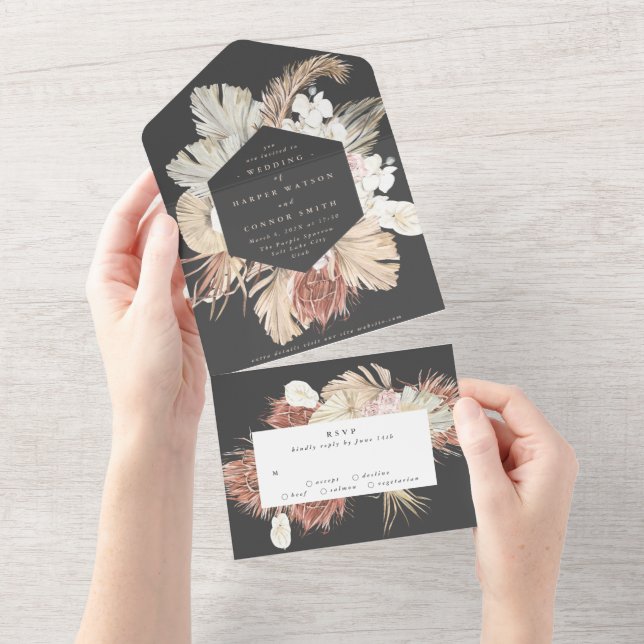 Charcoal Wreath Pampas Grass Floral Cream Wedding All In One Invitation (Tearaway)