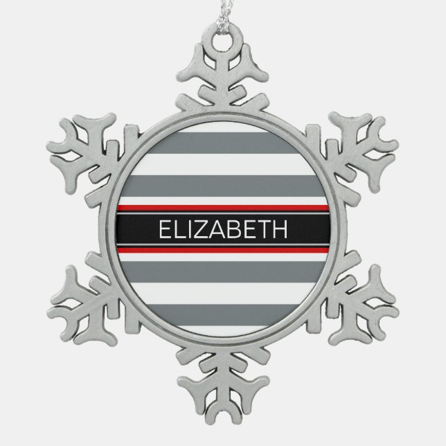 Charcoal Wt Horz Preppy Stripe Black Name Monogram Snowflake Pewter Christmas Ornament (Front)