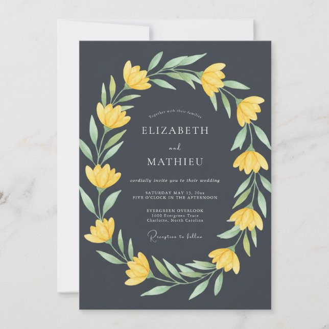 Charcoal Yellow Botanical Flourish Wedding Invitation (Front)