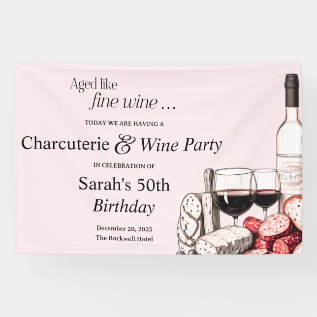 Charcuterie and Red Wine 50th Birthday Blush Banner (Horizontal)