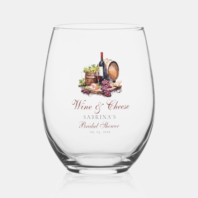 Charcuterie Board Wine & Cheese Bridal Shower Stemless Wine Glass (Front)