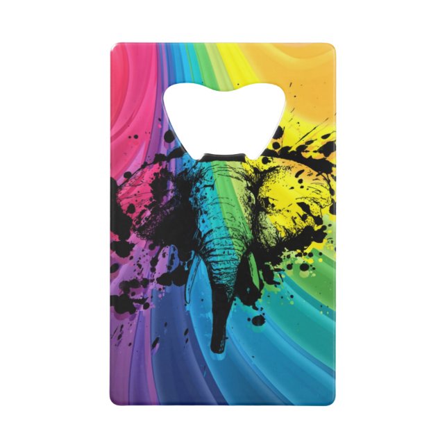 Charging Bull Elephant on Swirly Rainbow Wallet Bottle Opener (Front)