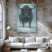 Charging Bull in Snow Winter Blue Western Art