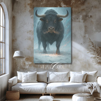 Charging Bull in Snow Winter Blue Western Art Canvas Print