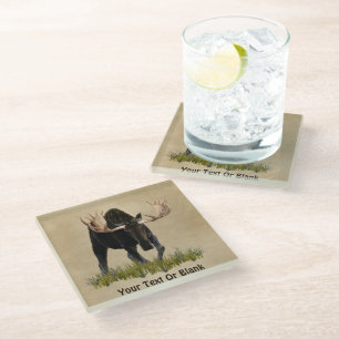 Charging Bull Moose On Old Paper Glass Coaster