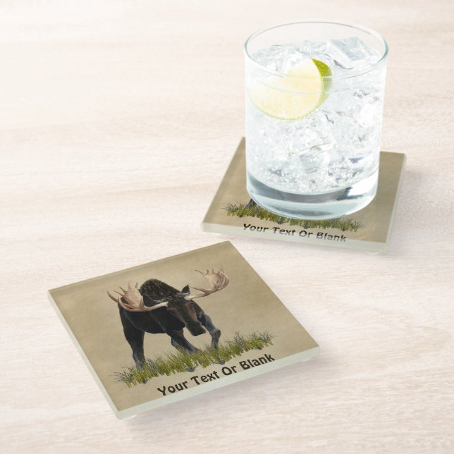 Charging Bull Moose On Old Paper Glass Coaster (Angled)