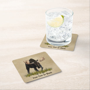 Charging Bull Moose On Old Paper Square Paper Coaster