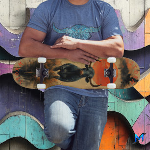 Charging Bull Under Fiery Sunset, Retro Power Skateboard