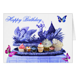 CHARIOT BLEU DE SWANS ET CUPCAKES JOYEUX ANNIVERSA