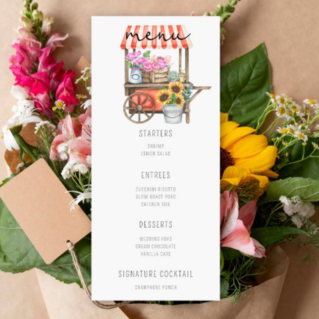 Chariot de fleurs à l'aquarelle - Menu de mariage (Créateur téléchargé)
