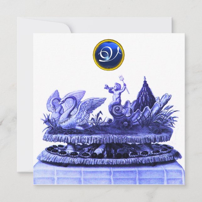 CHARIOT OF SWANS AND CUPCAKES BLUE BEACH WEDDING INVITATION (Front)