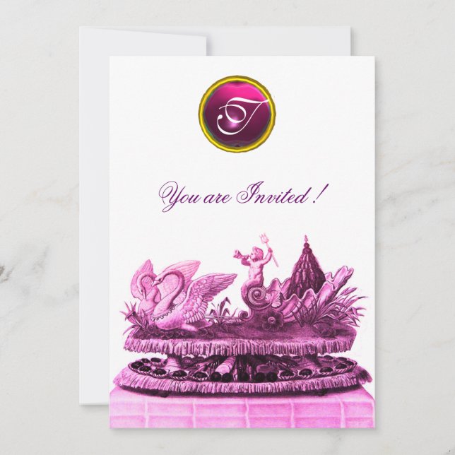 CHARIOT OF SWANS AND CUPCAKES PINK BEACH WEDDING INVITATION (Front)