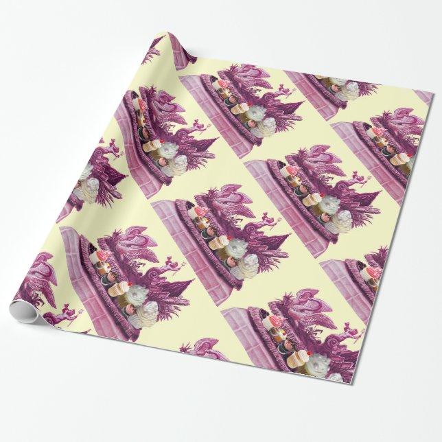 CHARIOT OF SWANS AND CUPCAKES PINK BEACH WEDDING WRAPPING PAPER (Unrolled)