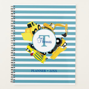 Chariots de construction Bleu rayures Monogramme