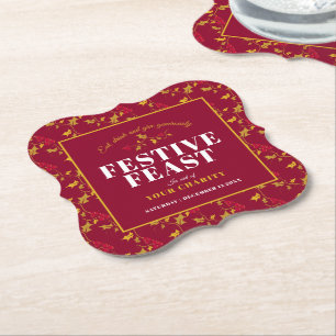 Charity Festive Feast gold red Christmas Paper Coaster
