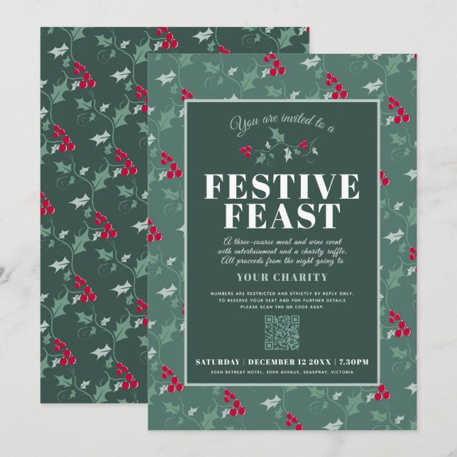 Charity Festive Feast green red Christmas dinner Invitation (Front/Back)