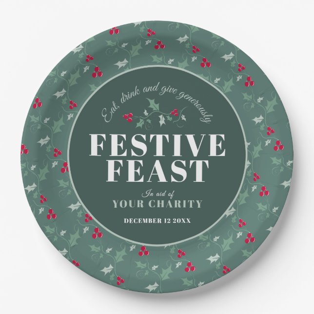 Charity Festive Feast green red Christmas dinner Paper Plate (Front)