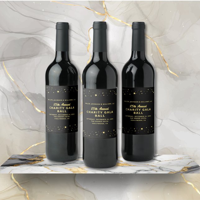 Charity Gala Fundraiser Elegant Black Gold Wine Label (Charity Gala Fundraiser Elegant Black Gold Wine Label with Company Info, Event Details, Stars.)