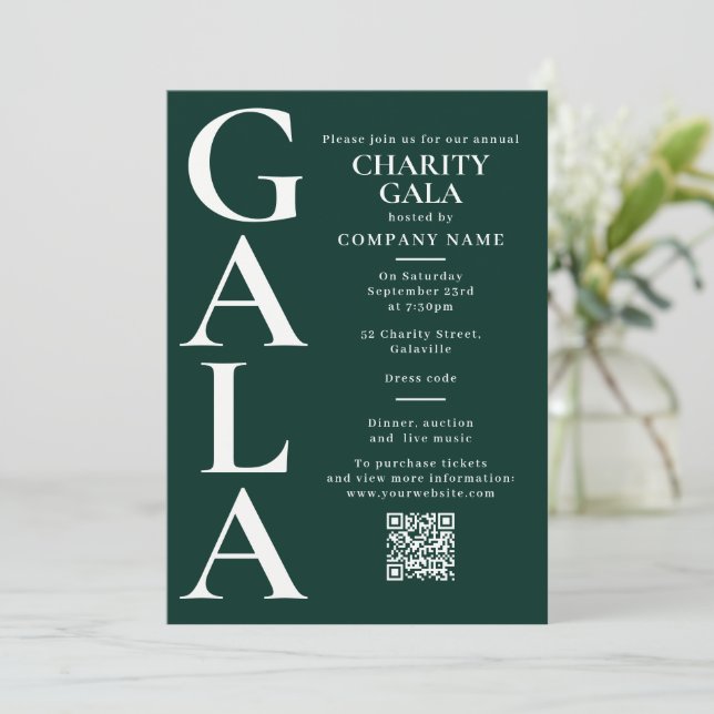 Charity Gala Fundraising Event QR Code Green Invitation (Standing Front)