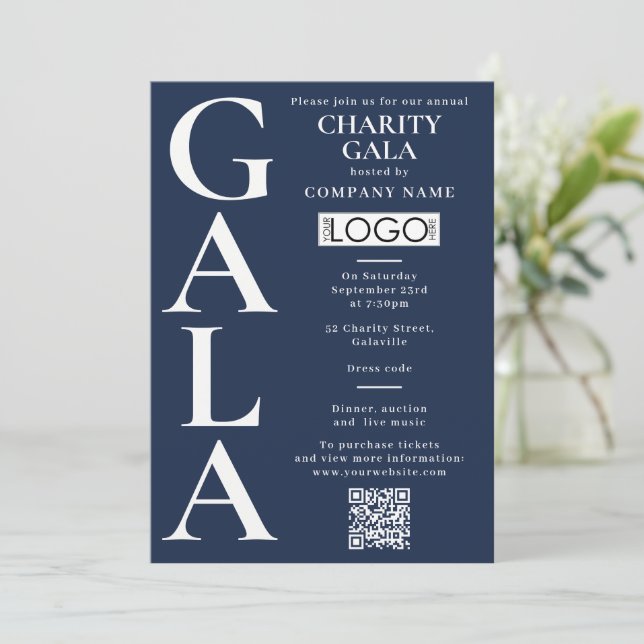 Charity Gala Fundraising Event QR Code Logo Blue Invitation (Standing Front)