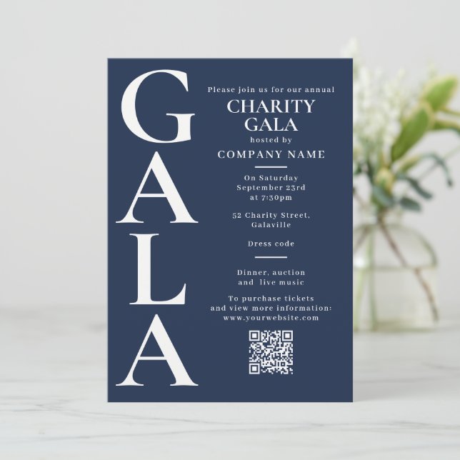 Charity Gala Fundraising Event QR Code Navy Blue Invitation (Standing Front)