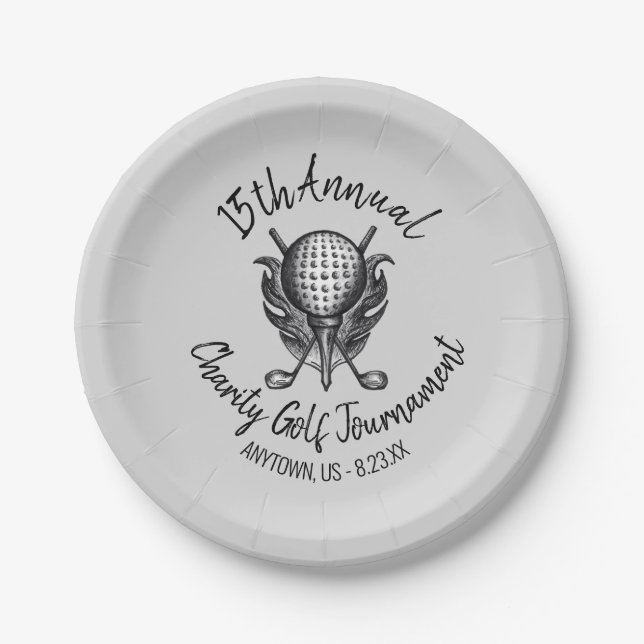 Charity Golf Tournament Ball Tee Clubs Course Paper Plate (Front)