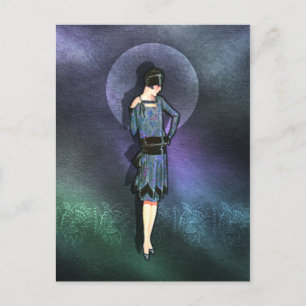 CHARLA, Art Deco Lady in Blue, Teal and Green Postcard