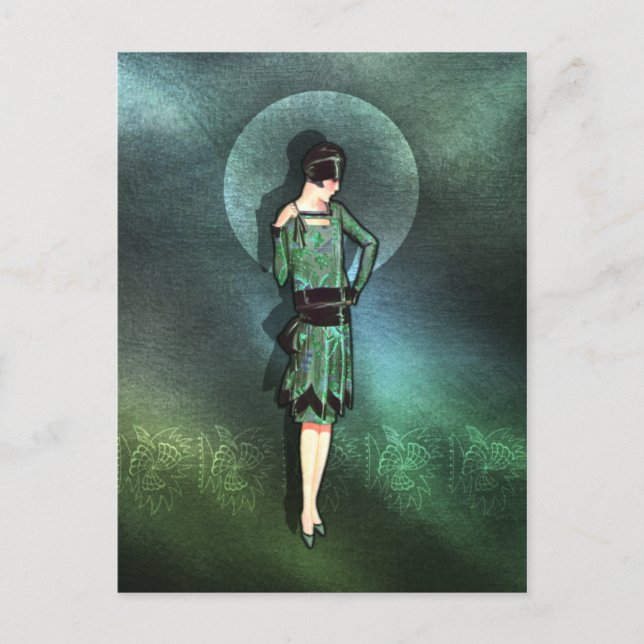 CHARLA, Art Deco Lady in Sage Green and Teal Postcard (Front)