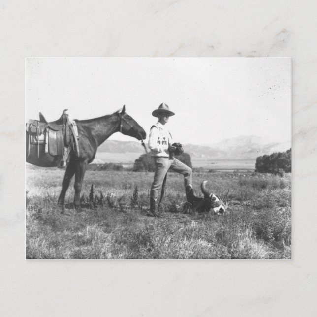 Charles Belden with horse and skull. Postcard (Front)