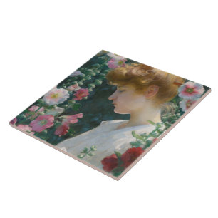 Charles Courtney Curran Hollyhocks and Sunlight Tile