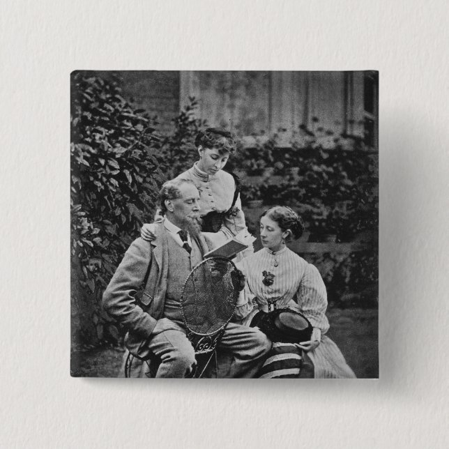 Charles Dickens with two of his daughters 2 Inch Square Button (Front)