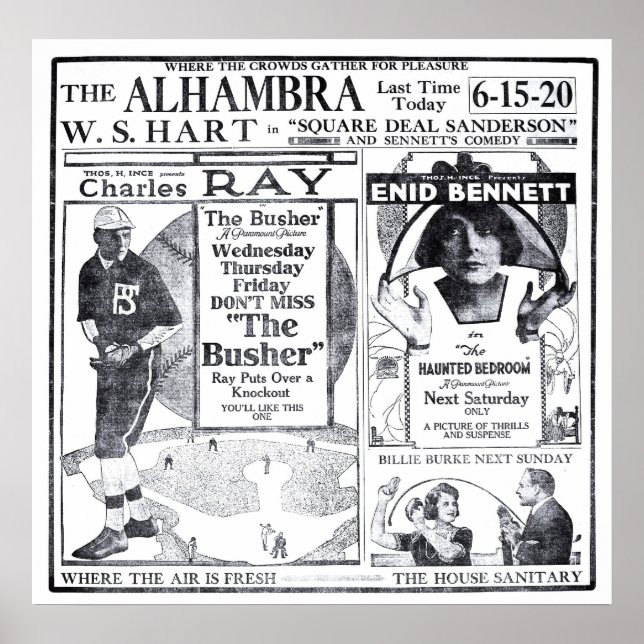 Charles Ray 1920 vintage baseball movie ad poster (Front)