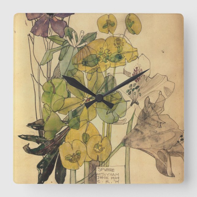 Charles Rennie Mackintosh - Spurge With Yham 1909 Square Wall Clock (Front)
