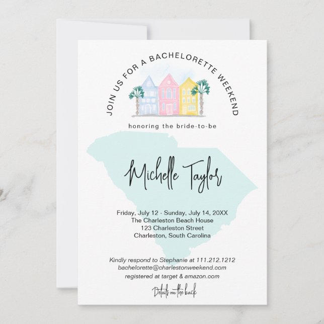 Charleston Bachelorette Weekend Itinerary South In Invitation (Front)