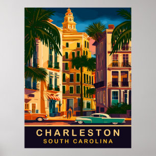 Charleston Downtown, SC, Vintage Travel Poster