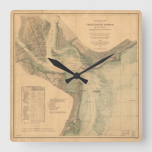 Charleston Harbour 1865 Nautical Chart Square Wall Clock (Front)