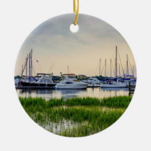 Charleston Harbour Boats Sunset Ceramic Ornament