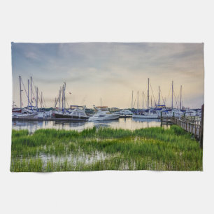 Charleston Harbour Boats Sunset Kitchen Towel