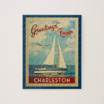 Charleston Jigsaw Puzzle Sailboat Retro S.C.<br><div class="desc">This Greetings From Charleston South Carolina vintage travel nautical design features a boat sailing on the water with seagulls and a blue sky filled with gorgeous puffy white clouds.</div>