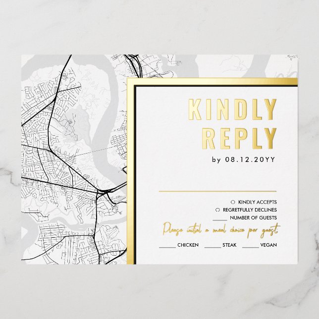 Charleston Love Locator | RSVP Reply Foil Invitation Postcard (Front)