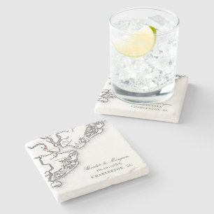 Charleston Map Elegant Black White Wedding Favour Stone Coaster