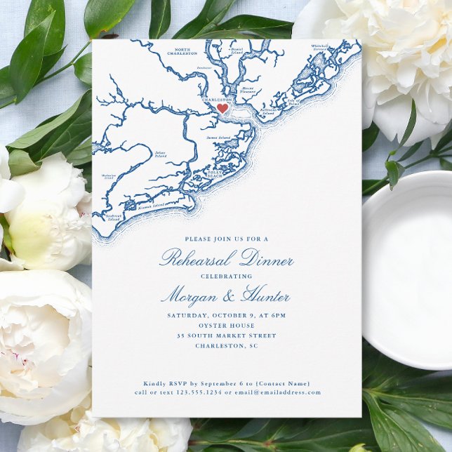 Charleston Map Navy Blue Wedding Rehearsal Dinner Invitation (Charleston SC Map Wedding Rehearsal Dinner Invitation in elegant navy blue from Coastal Map Designs)