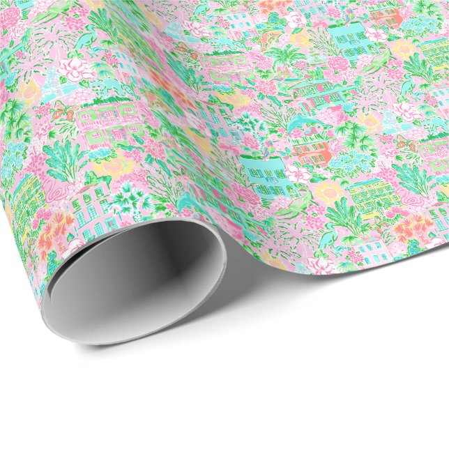 Charleston Pastel Preppy Palm Beach Pattern Print Wrapping Paper (Roll Corner)